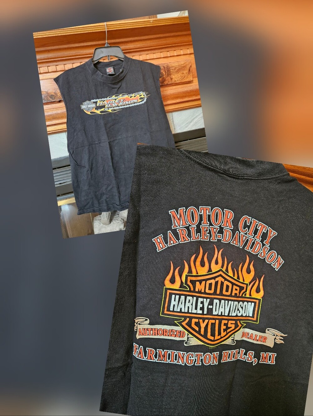 2002 Vintage. Harley-Davidson Black Muscle T. Orange and Yellow Flame Logo Large